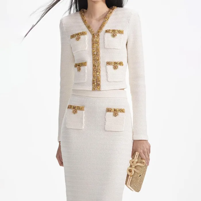 Self Portrait Knitwear Women Cream Lurex Knit Midi Skirt