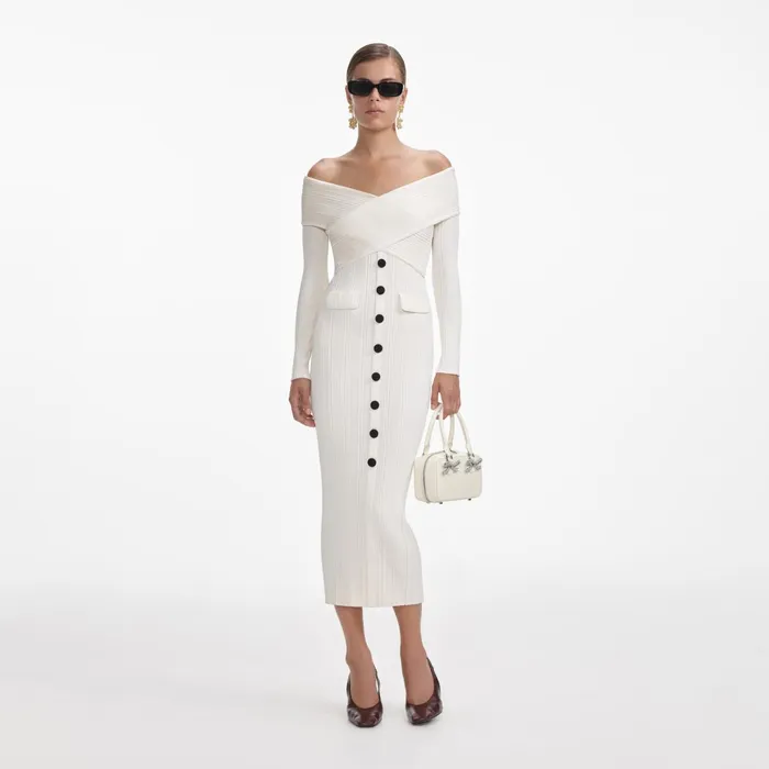 Self Portrait Knitwear Women Cream Off Shoulder Knit Midi Dress