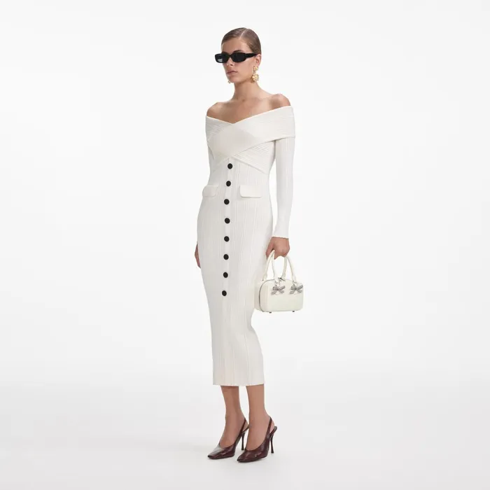 Self Portrait Knitwear Women Cream Off Shoulder Knit Midi Dress