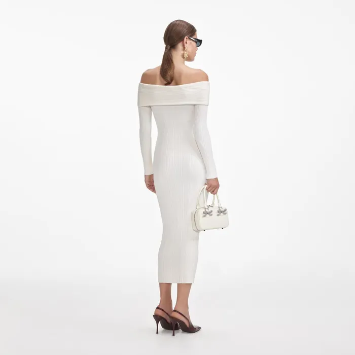 Self Portrait Knitwear Women Cream Off Shoulder Knit Midi Dress