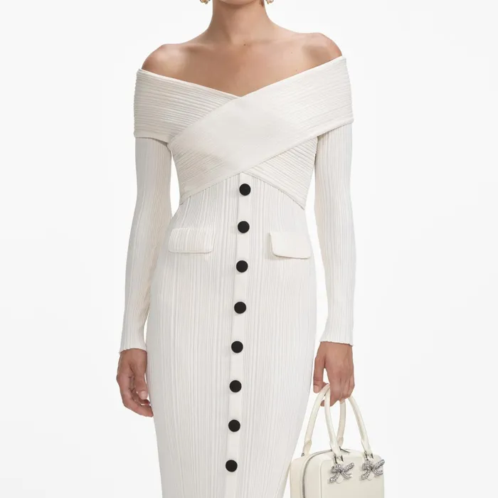 Self Portrait Knitwear Women Cream Off Shoulder Knit Midi Dress
