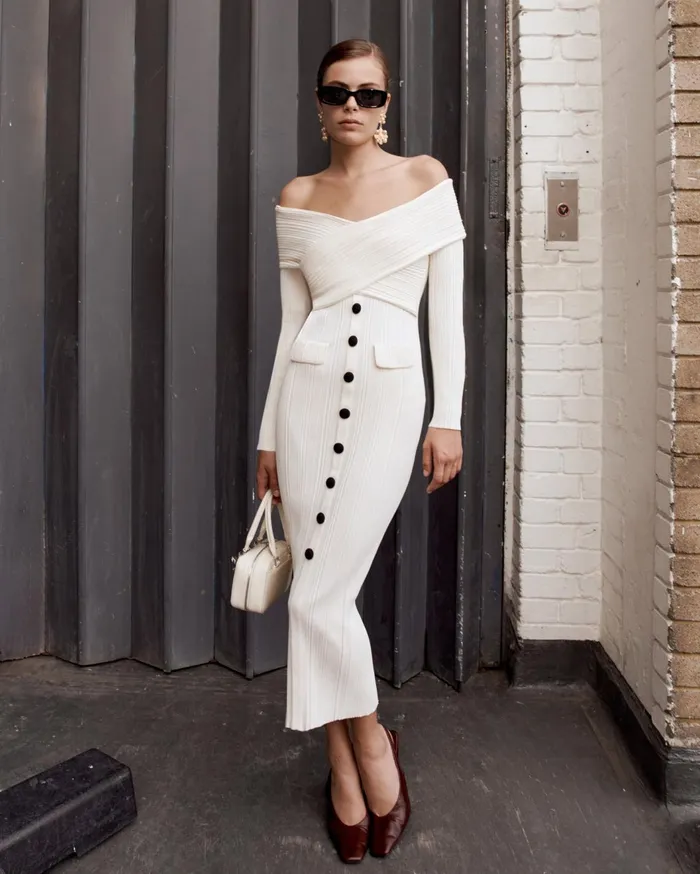 Self Portrait Knitwear Women Cream Off Shoulder Knit Midi Dress