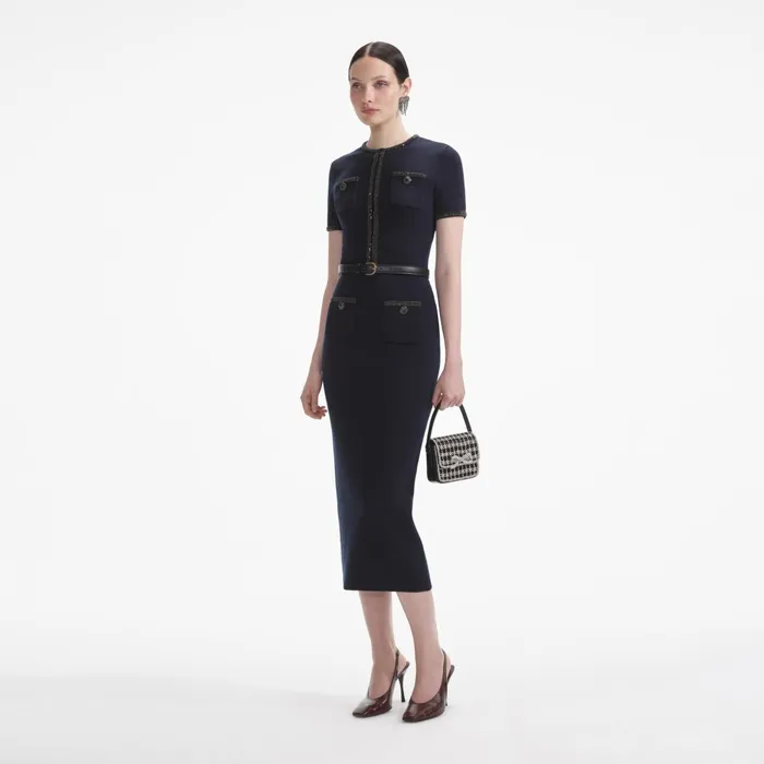 Self Portrait Knitwear Women Navy Embellished Knit Midi Skirt