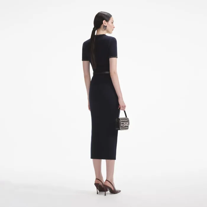 Self Portrait Knitwear Women Navy Embellished Knit Midi Skirt