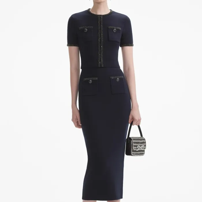 Self Portrait Knitwear Women Navy Embellished Knit Midi Skirt