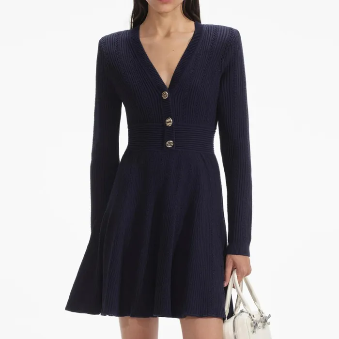 Self Portrait Knitwear Women Navy Pointelle Knit Mini Dress