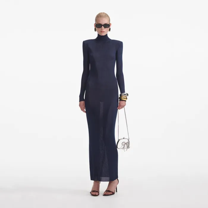 Self Portrait Knitwear Women Navy Viscose Knit Maxi Dress