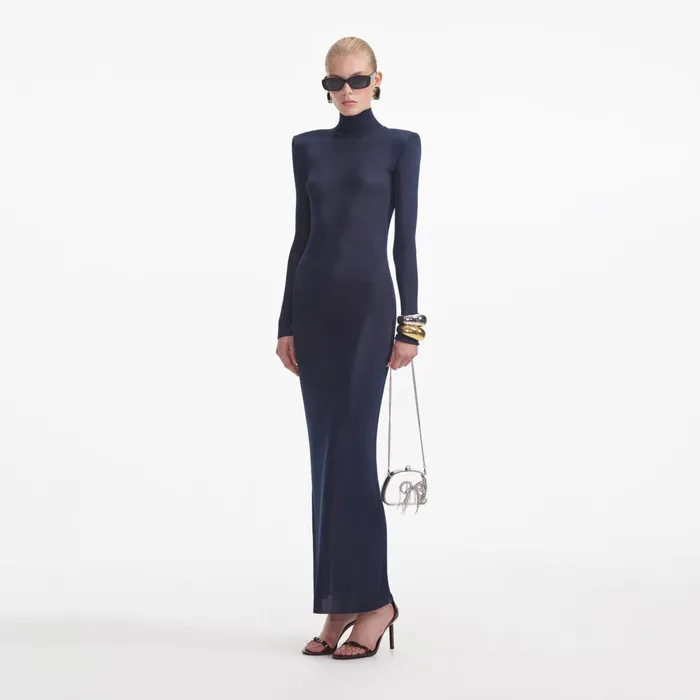 Self Portrait Knitwear Women Navy Viscose Knit Maxi Dress