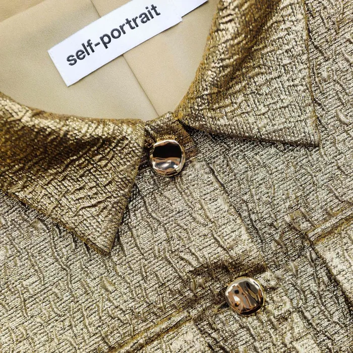 Self Portrait Tops Women Gold Metallic Jacquard Top