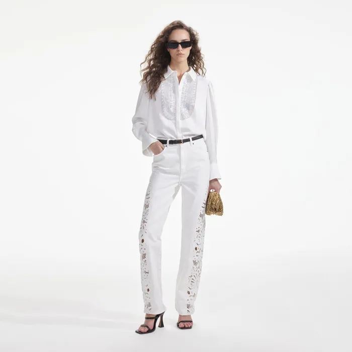 Self Portrait Tops Women White Satin Embellished Bib Blouse
