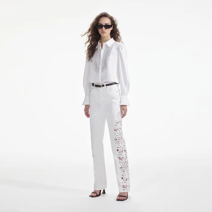 Self Portrait Tops Women White Satin Embellished Bib Blouse
