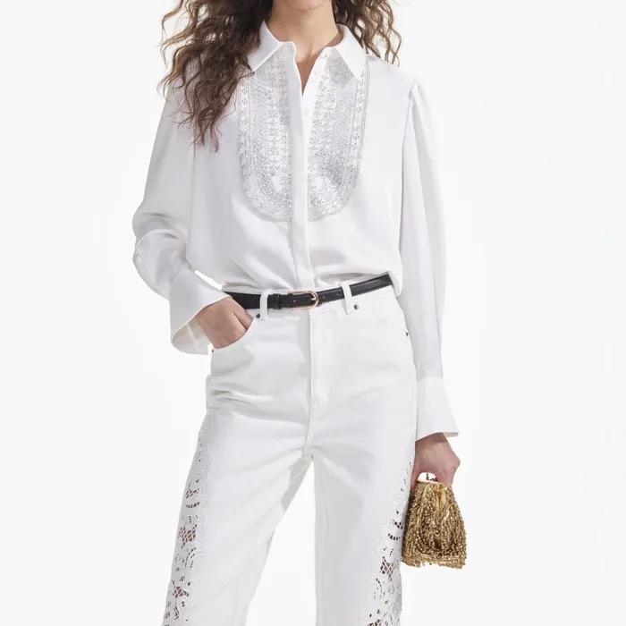 Self Portrait Tops Women White Satin Embellished Bib Blouse