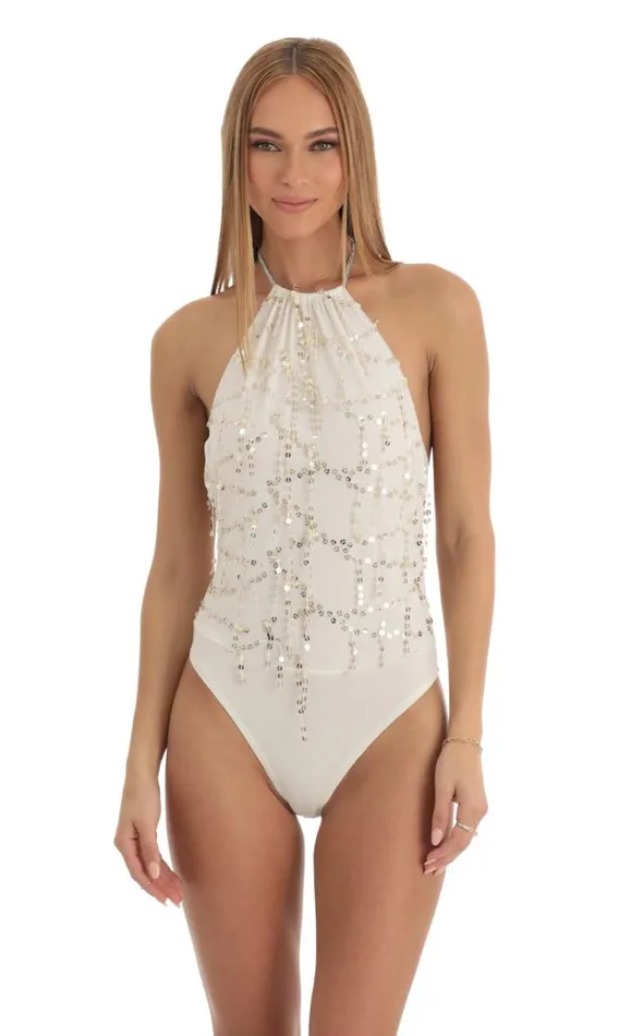 Sequin Bodysuit Ivory Women LUCY IN THE SKY Tops