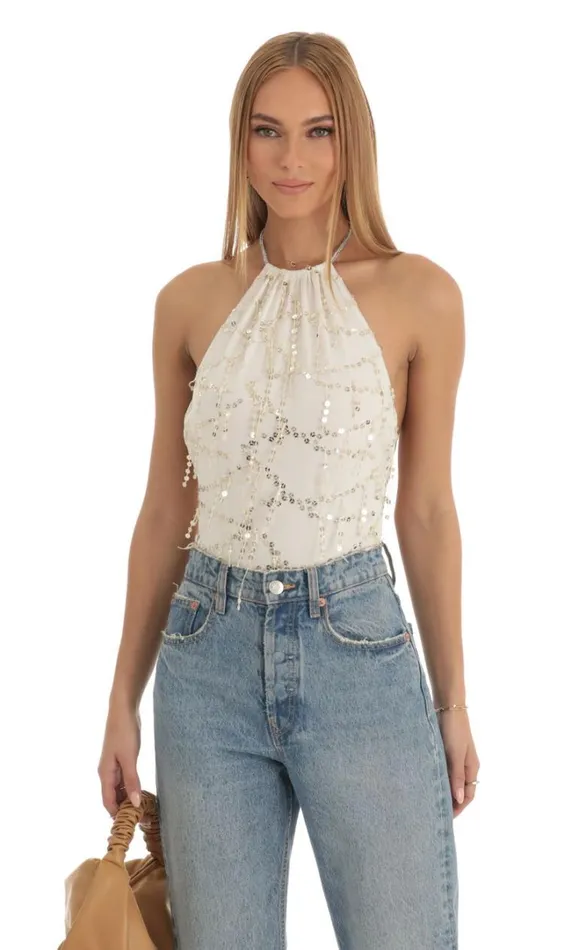 Sequin Bodysuit Ivory Women LUCY IN THE SKY Tops Sequin Bodysuit Ivory Women LUCY IN THE SKY Tops