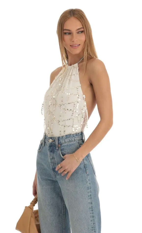 Sequin Bodysuit Ivory Women LUCY IN THE SKY Tops Sequin Bodysuit Ivory Women LUCY IN THE SKY Tops