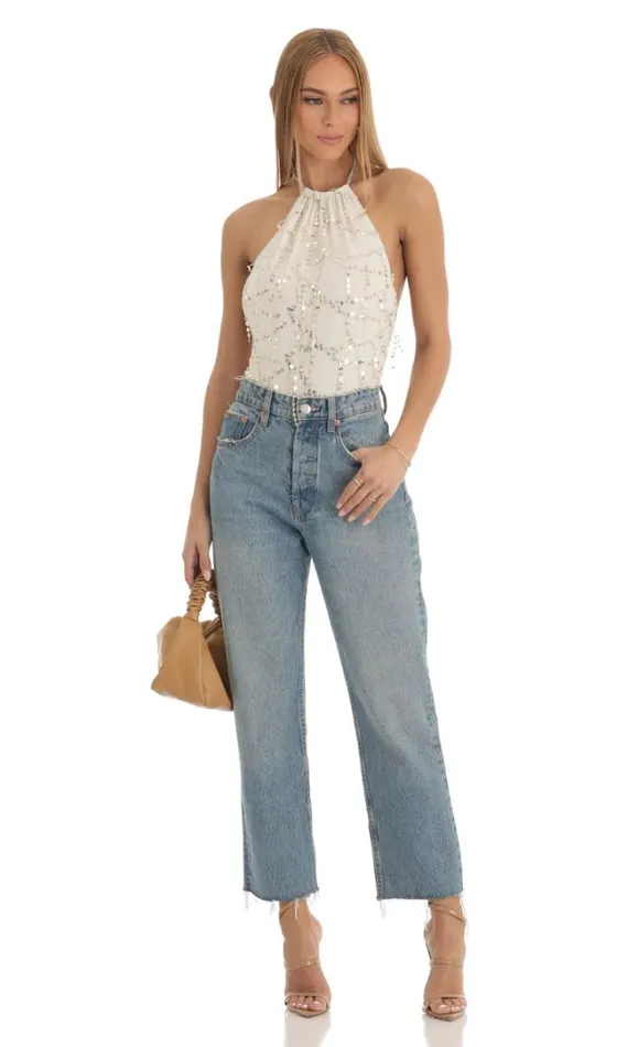 Sequin Bodysuit Ivory Women LUCY IN THE SKY Tops Sequin Bodysuit Ivory Women LUCY IN THE SKY Tops