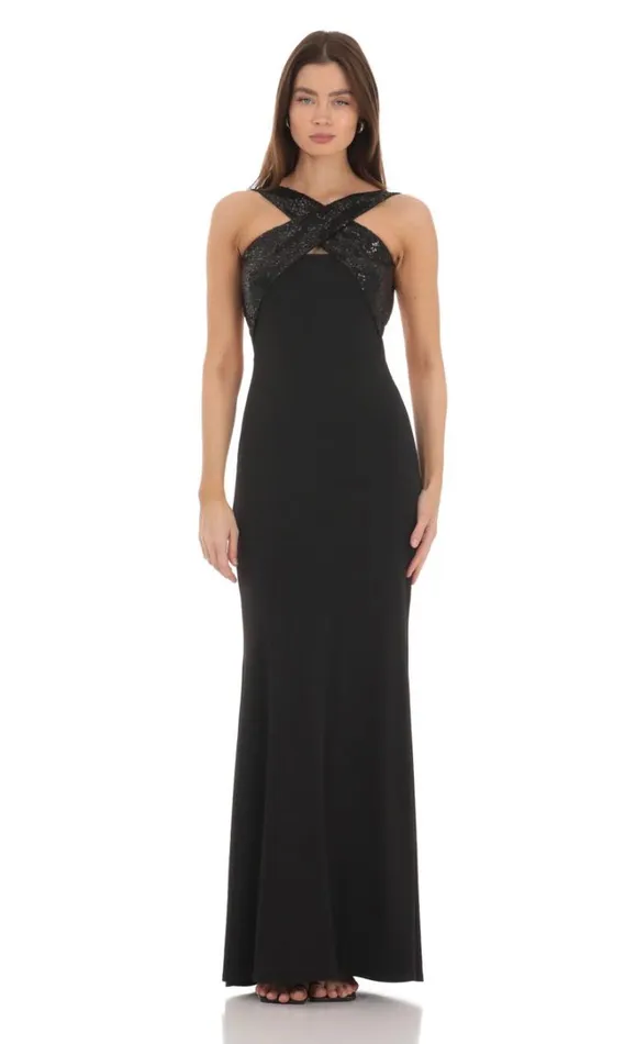 Sequin Cross Neck Maxi Dress Black Women LUCY IN THE SKY Maxi Dresses Sequin Cross Neck Maxi Dress Black Women LUCY IN THE SKY Maxi Dresses