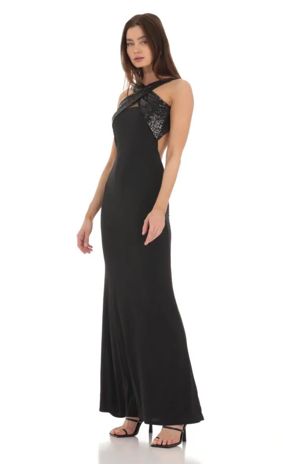 Sequin Cross Neck Maxi Dress Black Women LUCY IN THE SKY Maxi Dresses Sequin Cross Neck Maxi Dress Black Women LUCY IN THE SKY Maxi Dresses