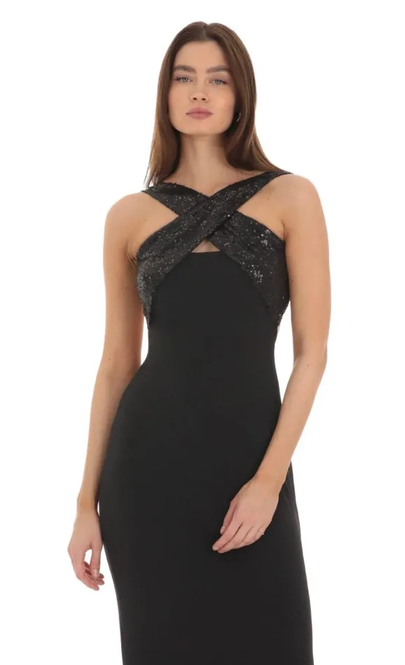 Sequin Cross Neck Maxi Dress Black Women LUCY IN THE SKY Maxi Dresses Sequin Cross Neck Maxi Dress Black Women LUCY IN THE SKY Maxi Dresses