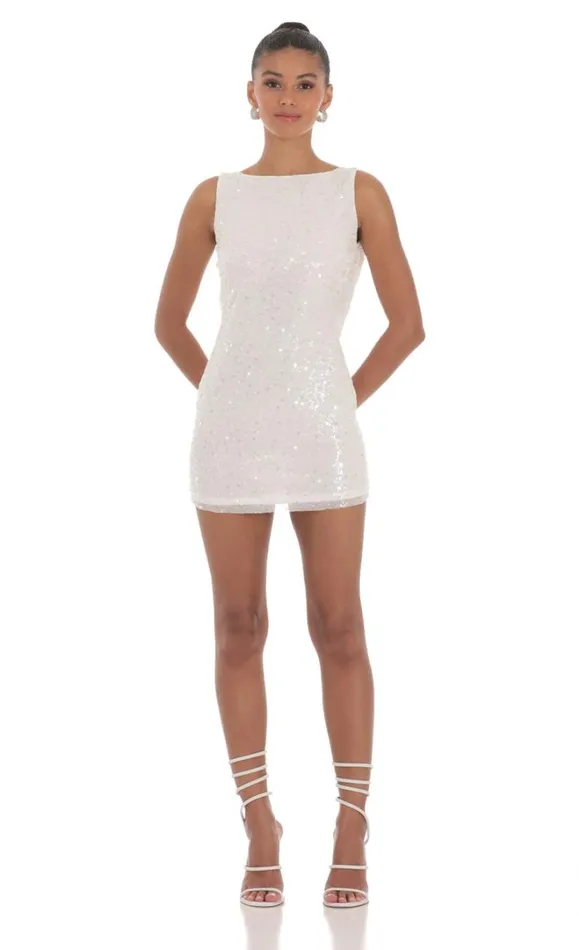 Sequin Draped Open Back Dress White Women LUCY IN THE SKY Mini Dresses Sequin Draped Open Back Dress White Women LUCY IN THE SKY Mini Dresses