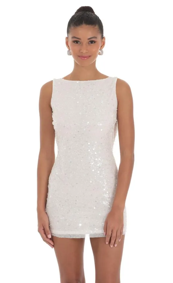 Sequin Draped Open Back Dress White Women LUCY IN THE SKY Mini Dresses Sequin Draped Open Back Dress White Women LUCY IN THE SKY Mini Dresses