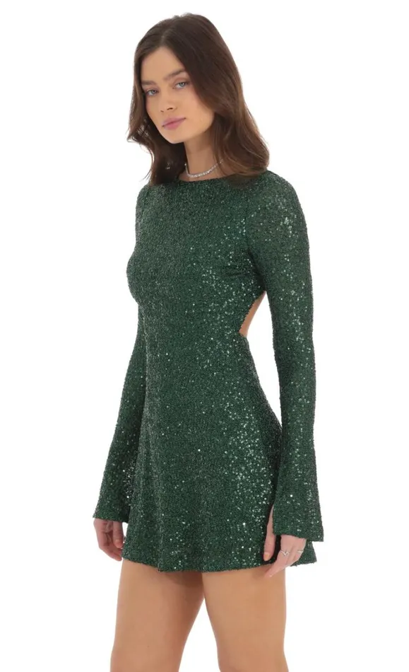 Sequin Long Sleeve Open Back Dress Green Women LUCY IN THE SKY Mini Dresses