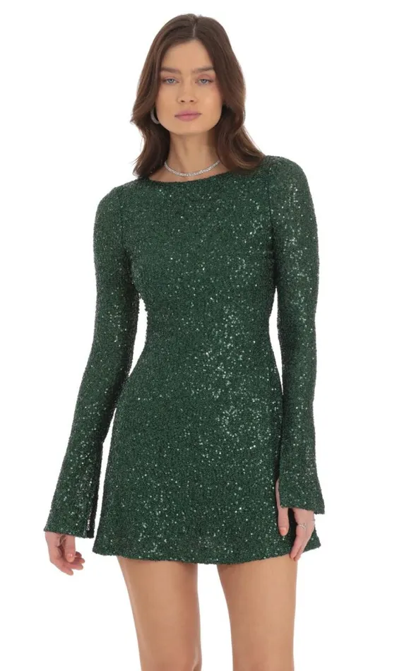 Sequin Long Sleeve Open Back Dress Green Women LUCY IN THE SKY Mini Dresses Sequin Long Sleeve Open Back Dress Green Women LUCY IN THE SKY Mini Dresses