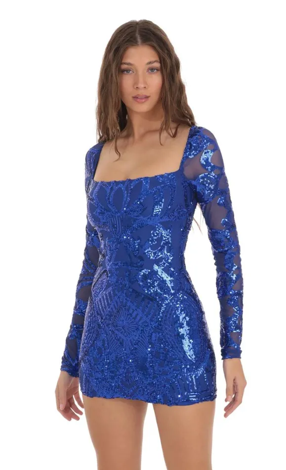 Sequin Square Neck Bodycon Dress Royal Blue Women LUCY IN THE SKY Mini Dresses