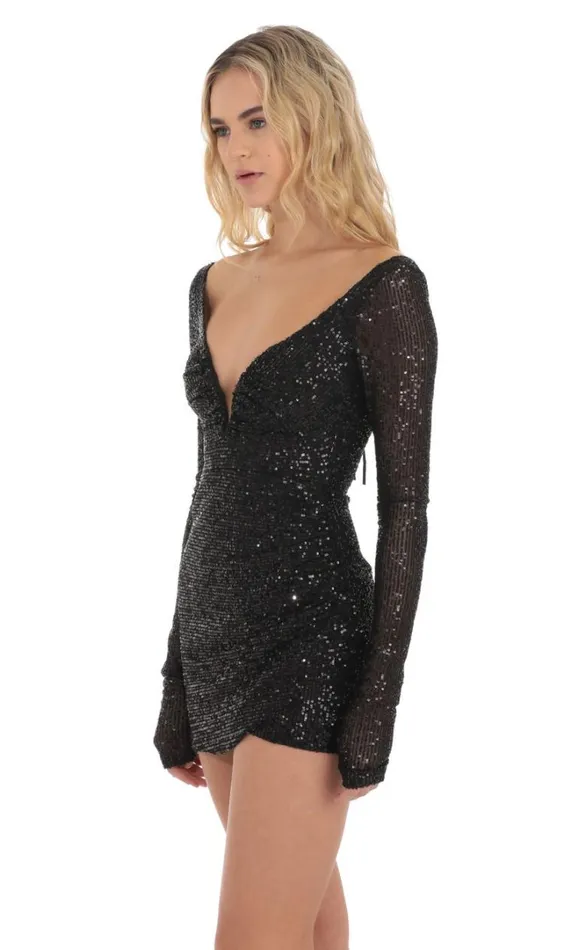 Sequin VNeck Long Sleeve Dress Black Women LUCY IN THE SKY Mini Dresses Sequin VNeck Long Sleeve Dress Black Women LUCY IN THE SKY Mini Dresses