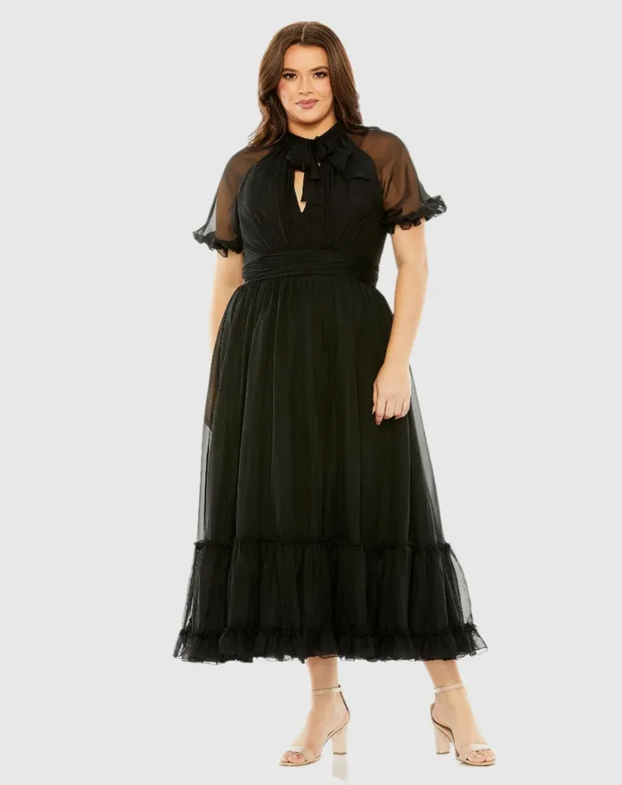 Sheer Puff Sleeve Plus Size Dress Black Plus Size Dresses Mac Duggal Women