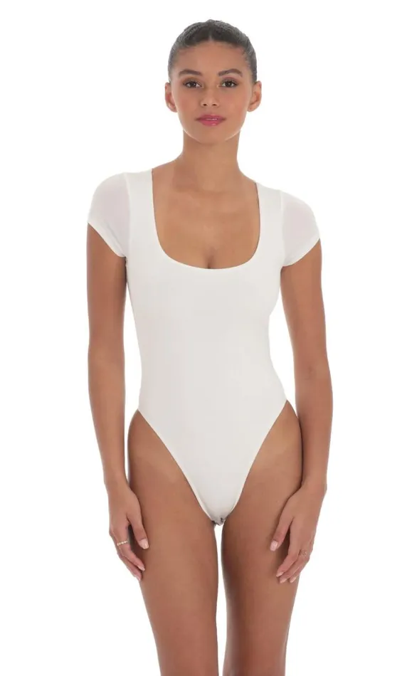 Short Sleeve High Thigh Bodysuit White Women LUCY IN THE SKY Bodysuits