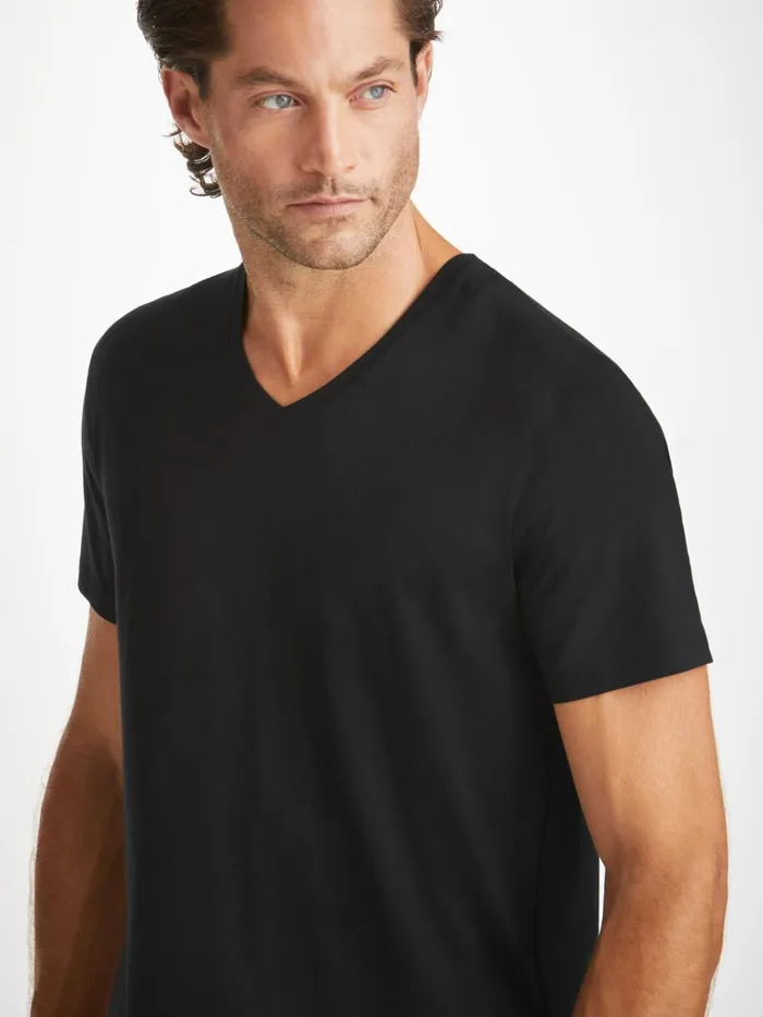 Short Sleeve TShirts Men Derek Rose VNeck TShirt Basel Micro Modal Stretch Black