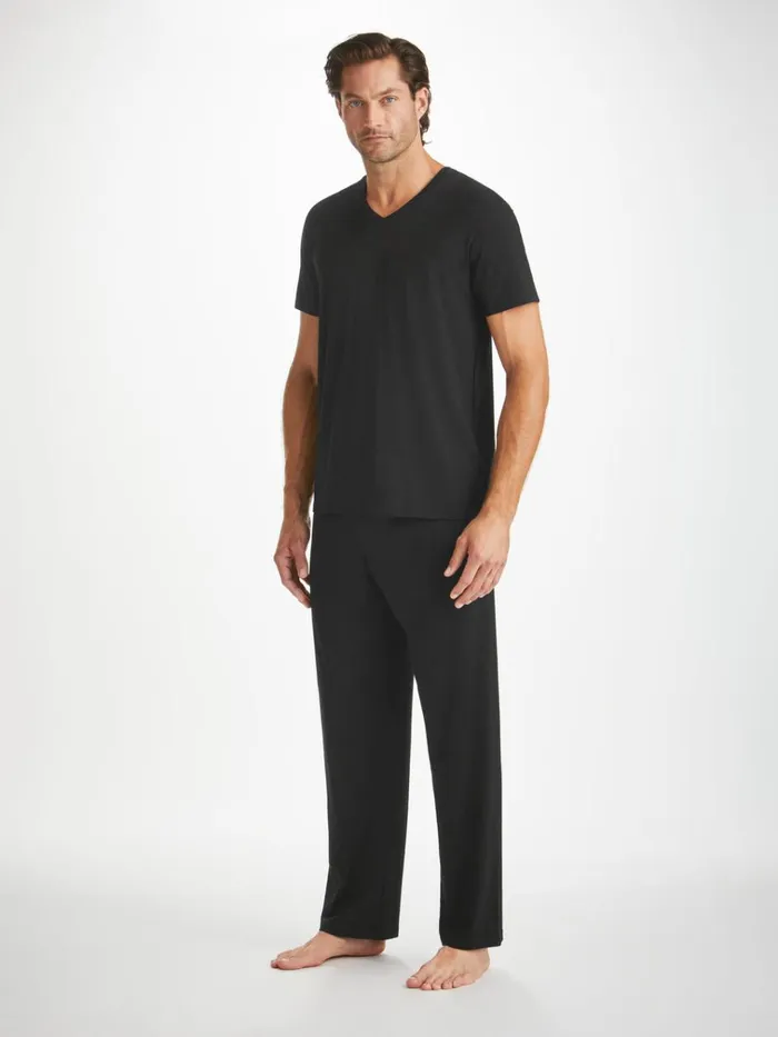Short Sleeve TShirts Men Derek Rose VNeck TShirt Basel Micro Modal Stretch Black