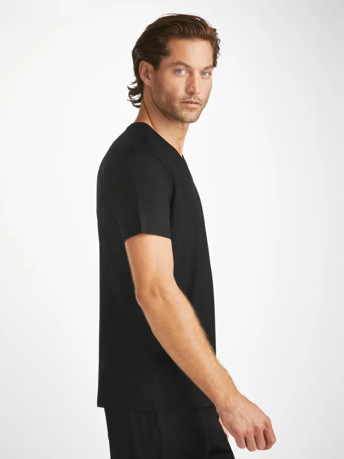Short Sleeve TShirts Men Derek Rose VNeck TShirt Basel Micro Modal Stretch Black