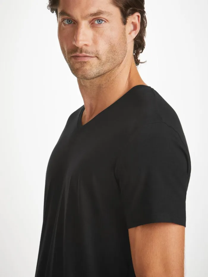 Short Sleeve TShirts Men Derek Rose VNeck TShirt Basel Micro Modal Stretch Black