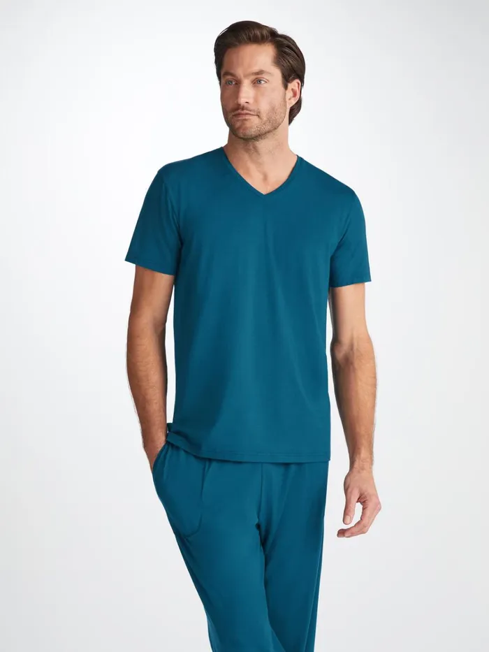 Short Sleeve TShirts Men Derek Rose VNeck TShirt Basel Micro Modal Stretch Poseidon Blue