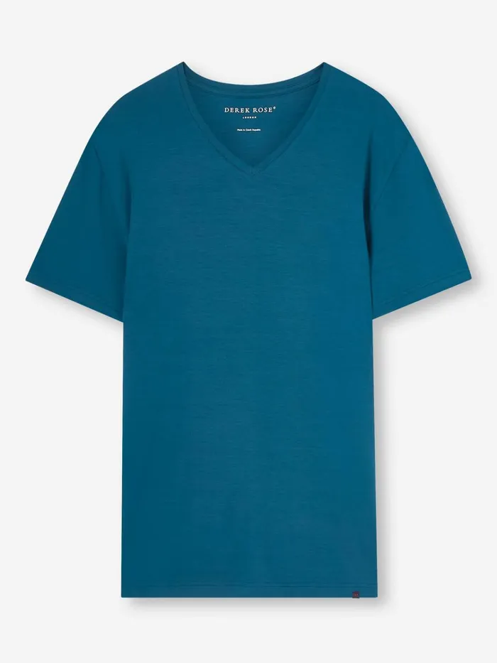 Short Sleeve TShirts Men Derek Rose VNeck TShirt Basel Micro Modal Stretch Poseidon Blue