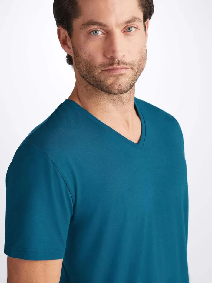 Short Sleeve TShirts Men Derek Rose VNeck TShirt Basel Micro Modal Stretch Poseidon Blue