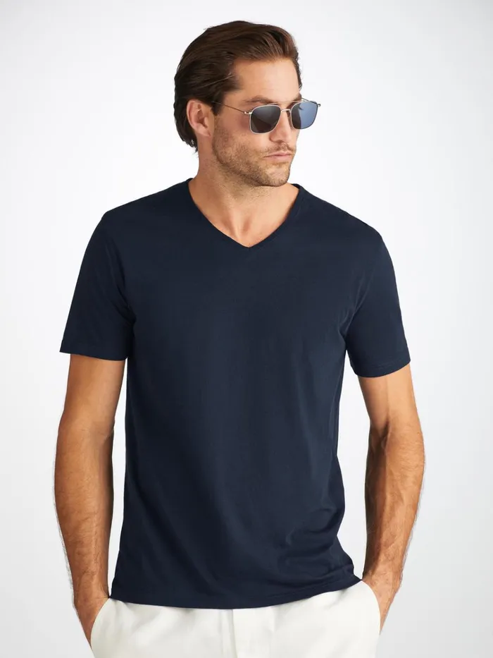 Short Sleeve TShirts Men Derek Rose VNeck TShirt Riley Pima Cotton Navy