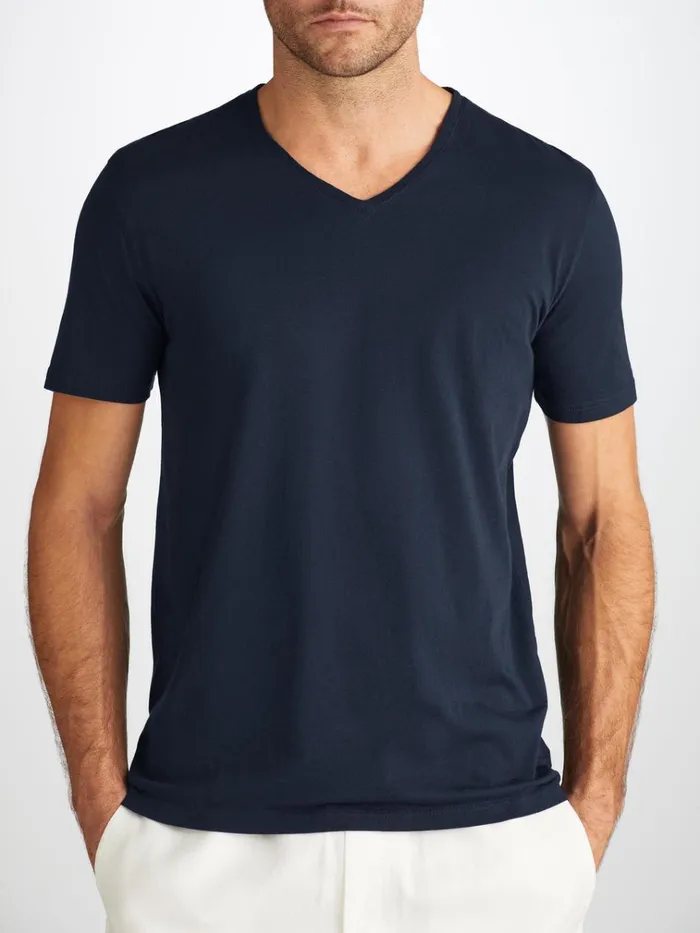 Short Sleeve TShirts Men Derek Rose VNeck TShirt Riley Pima Cotton Navy