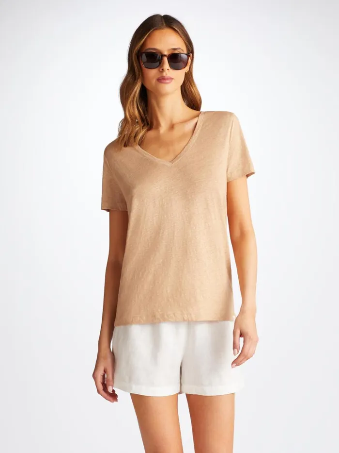 Short Sleeve TShirts Women Derek Rose VNeck TShirt Jordan Linen Sand