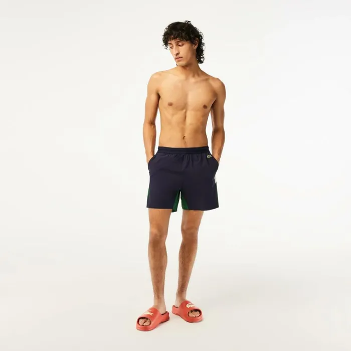 Shorts and Swim Men Lacoste Mens Colorblock Swim Trunks Navy Blue Green White Yun