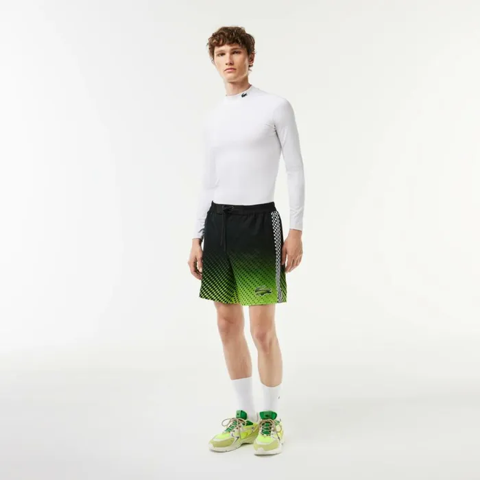 Shorts and Swim Men Lacoste Mens TwoTone Checkerboard Print Swim Trunks Black Yellow 9y2
