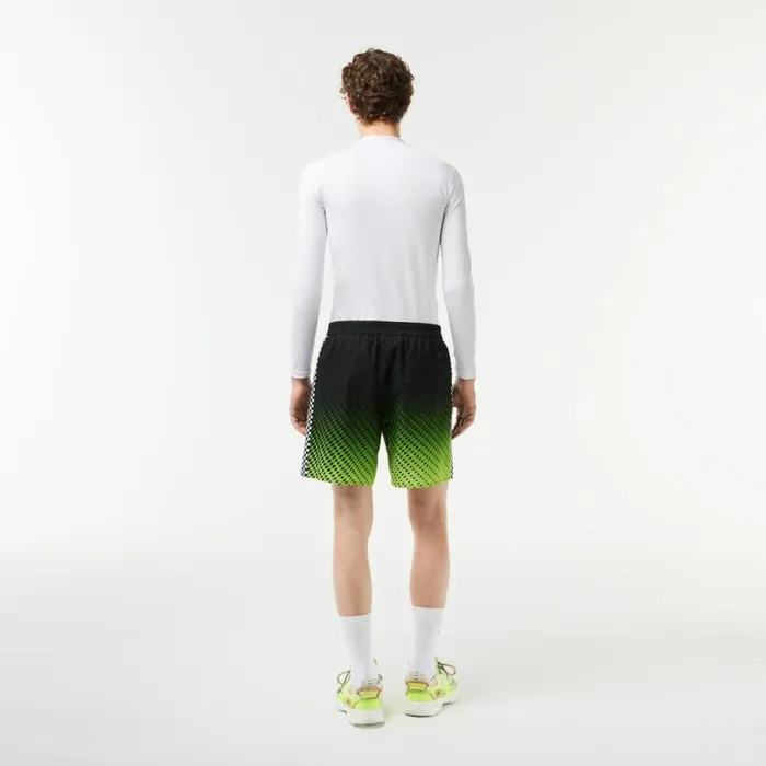 Shorts and Swim Men Lacoste Mens TwoTone Checkerboard Print Swim Trunks Black Yellow 9y2