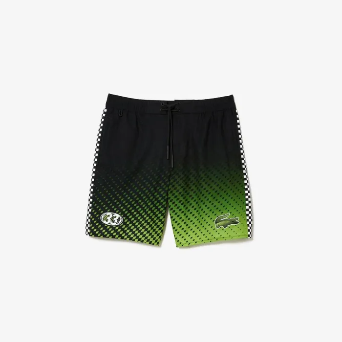 Shorts and Swim Men Lacoste Mens TwoTone Checkerboard Print Swim Trunks Black Yellow 9y2