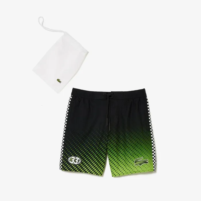Shorts and Swim Men Lacoste Mens TwoTone Checkerboard Print Swim Trunks Black Yellow 9y2