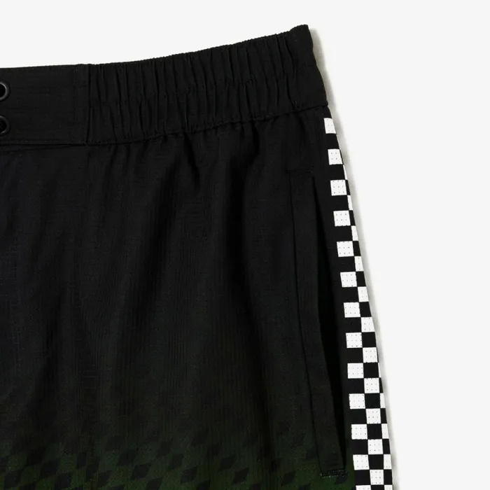 Shorts and Swim Men Lacoste Mens TwoTone Checkerboard Print Swim Trunks Black Yellow 9y2