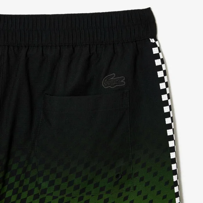 Shorts and Swim Men Lacoste Mens TwoTone Checkerboard Print Swim Trunks Black Yellow 9y2