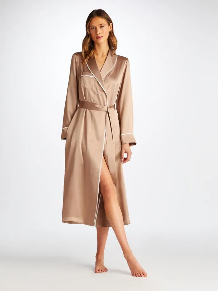 Silk Robes Women Derek Rose Long Robe Bailey Silk Satin Bronze