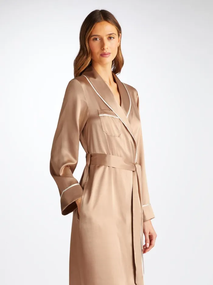 Silk Robes Women Derek Rose Long Robe Bailey Silk Satin Bronze